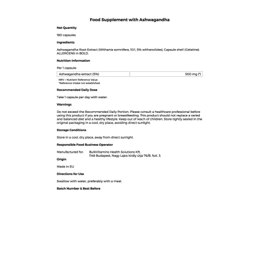 Ashwagandha Extract 500mg - 180 Capsules - 180 Day Supply