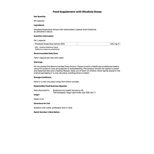 Rhodiola Rosea Extract 400mg - 90 Capsules - 90 Day Supply