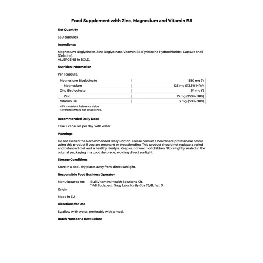 ZMB – Zinc & Magnesium & B6 – 360 Capsules – 180 Day Supply
